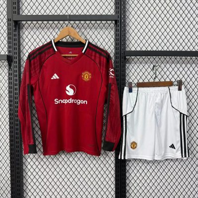 25/26 Manchester United Home Long Sleeve Kids Soccer Jersey Size 16-28