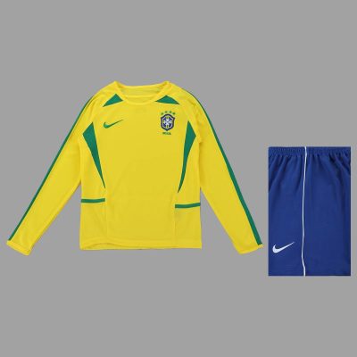 2002 Brazil Home Long Sleeve Kids Retro Soccer Jersey Size 16-28